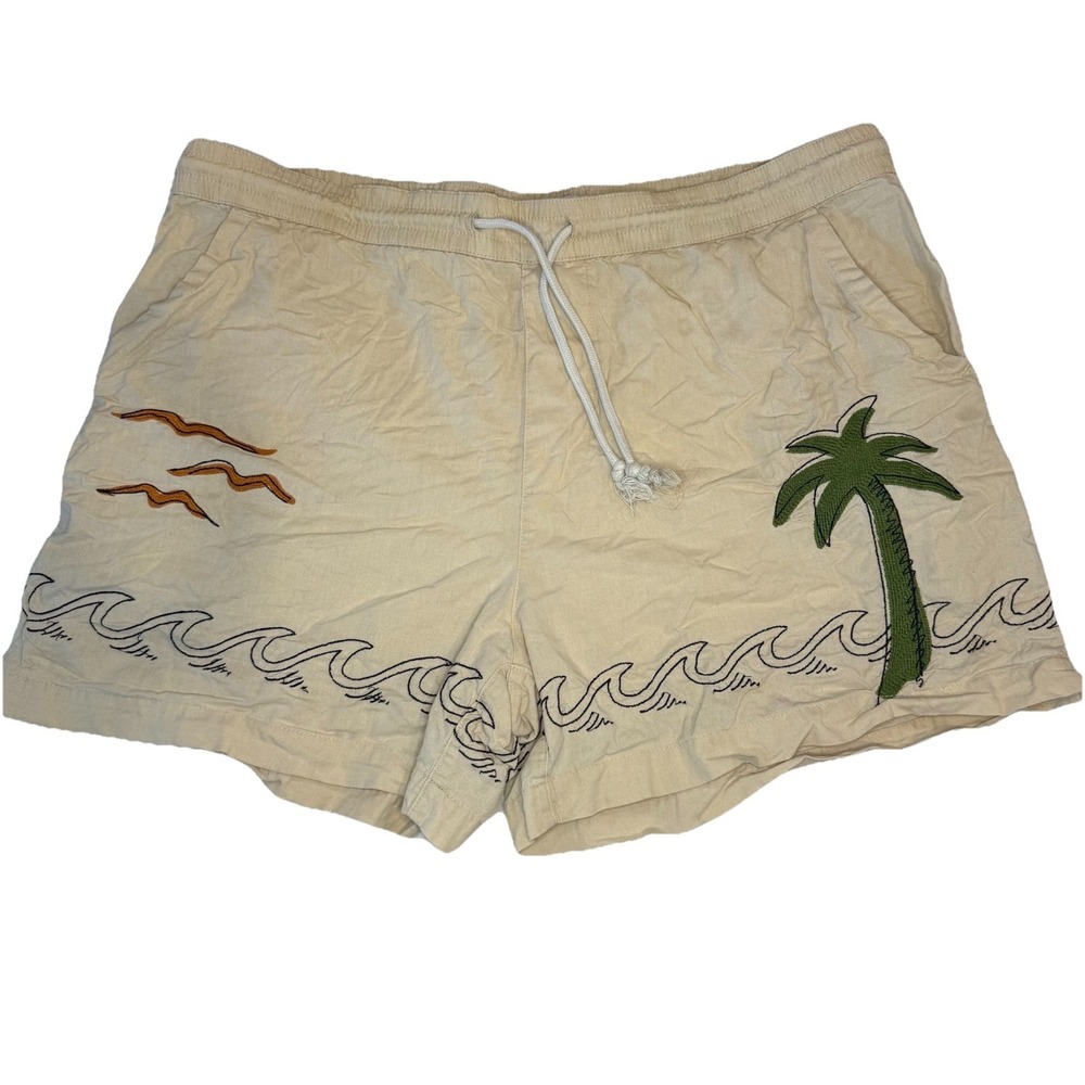 Urban Outfitters Embroidered Cabana Shorts Beige Wave Palm Tree SZ Small Cotton